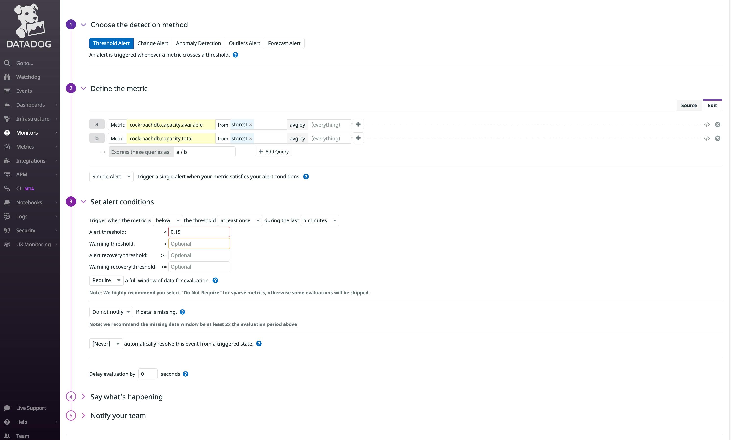 CockroachDB Threshold Alert in Datadog
