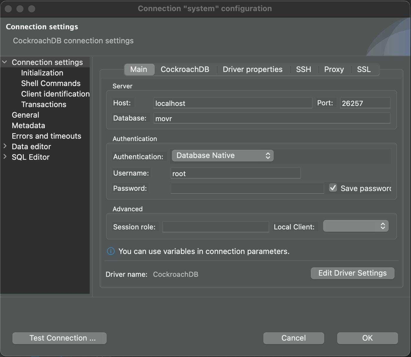 DBeaver - CockroachDB connection settings