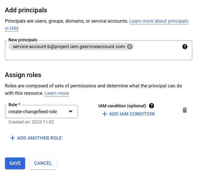 Adding service account with the created role to the bucket.