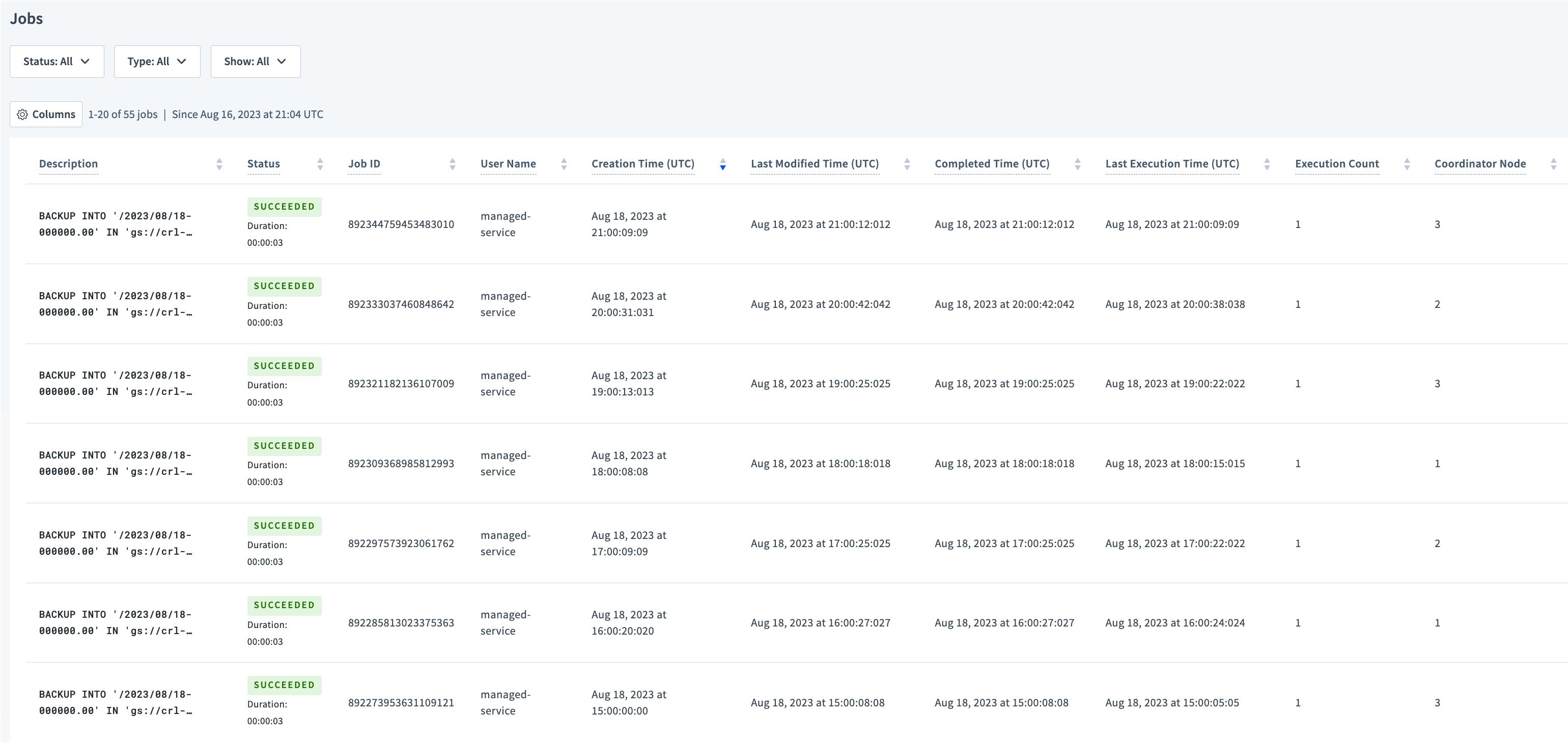 DB Console Jobs Page