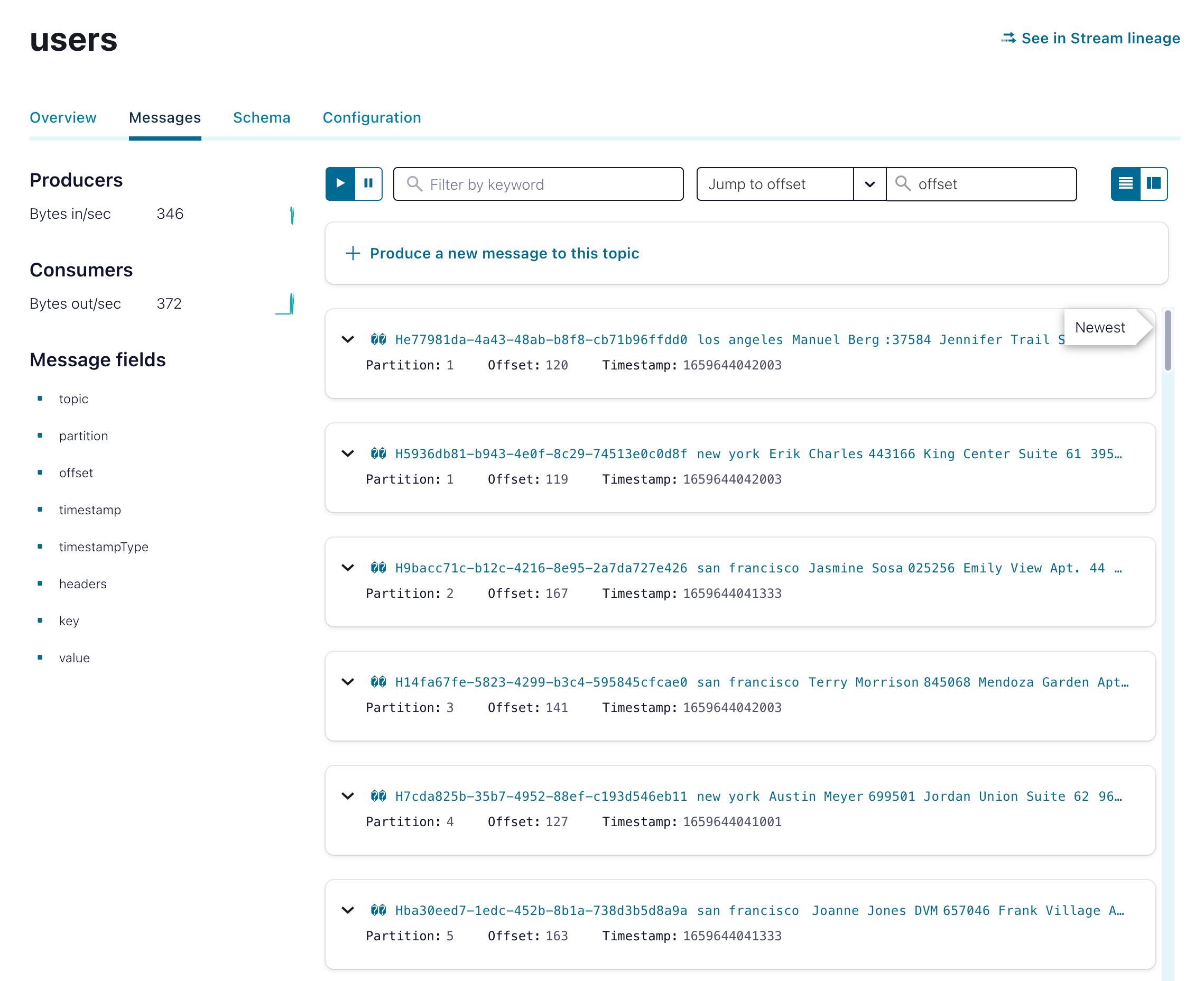 Users topic messages in the Confluent Cloud console.