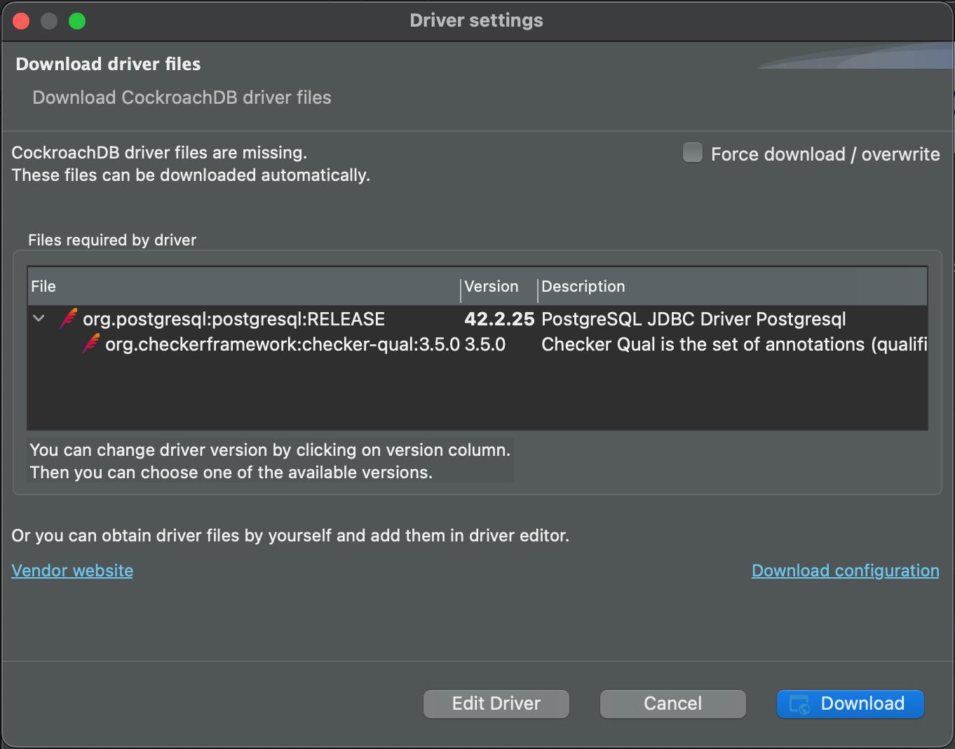 DBeaver - download driver dialog