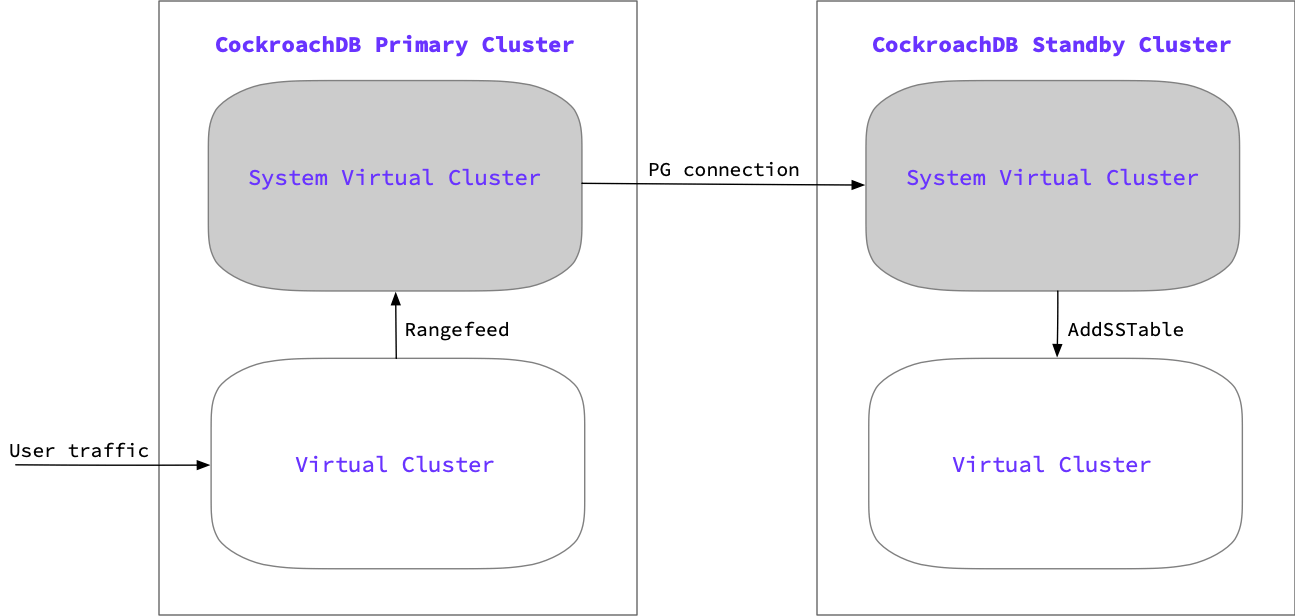 Two virtualized clusters with system virtual cluster and application virtual cluster showing the directional stream.