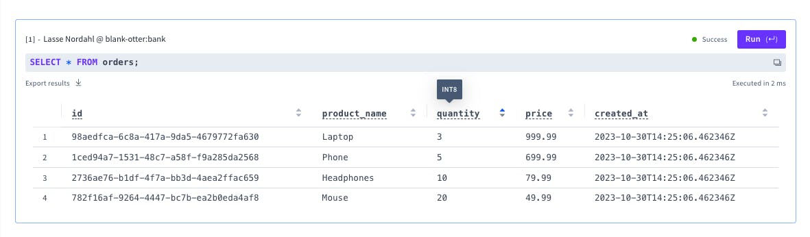 Table selects provide type information about columns, and offer local sorting 