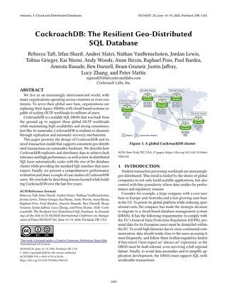 SIGMOD 2020 | CockroachDB: The Resilient Geo-Distributed SQL Database