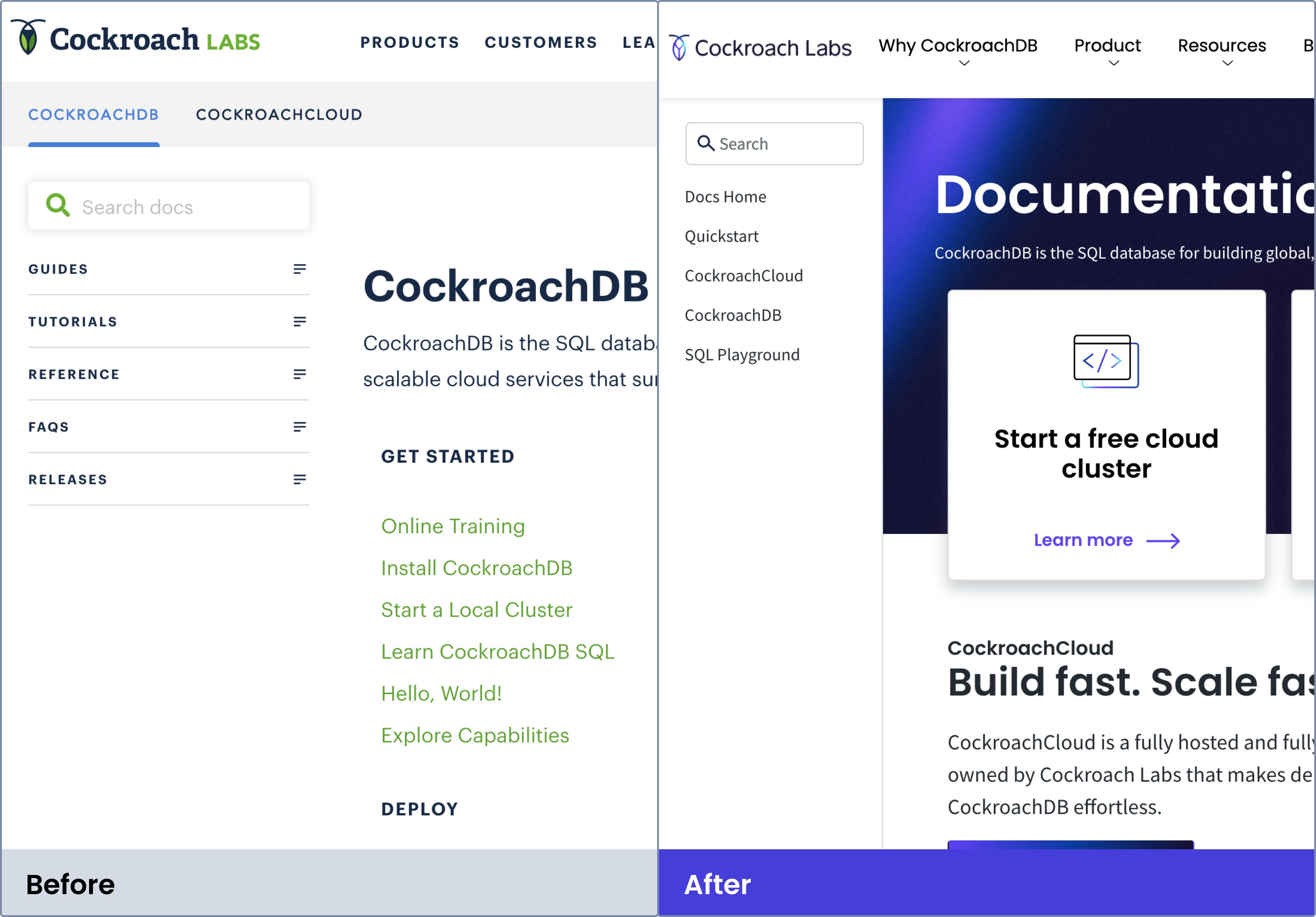 CockroachDB Docs site before and after navigation improvements