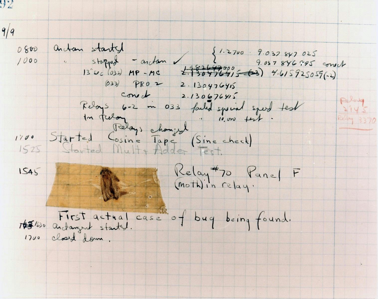 pge from a log book with insect taped to the paper and words &ldquo;first actual case of bug being found&rdquo;