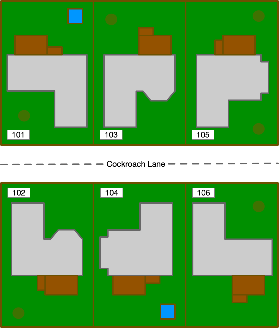 A diagram of a street showing individual addresses