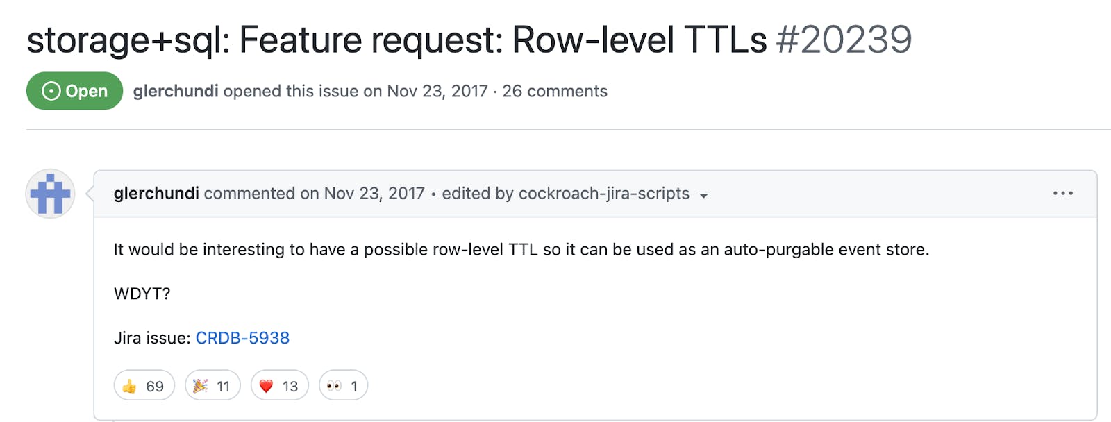 Github issue for row-level time to live